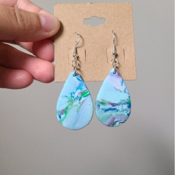 Beautiful Boho Silver Blue Green Marble Effect Summer Dangle Tear Drop Earrings - Picture 2 of 4